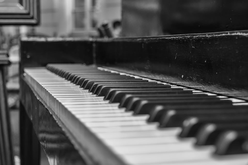 Artistic black and white close-up of piano keys in shallow depth of field.