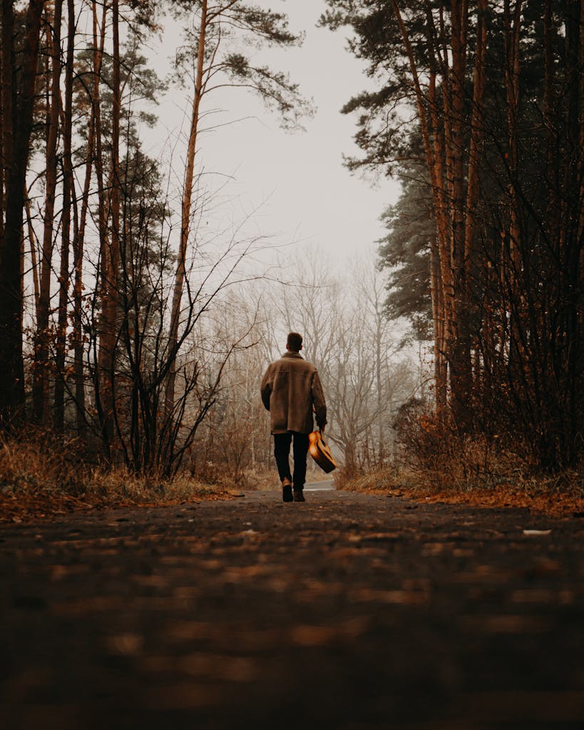 A solitary man walking on a forest path carrying a guitar during fall, creating a melancholic mood.
