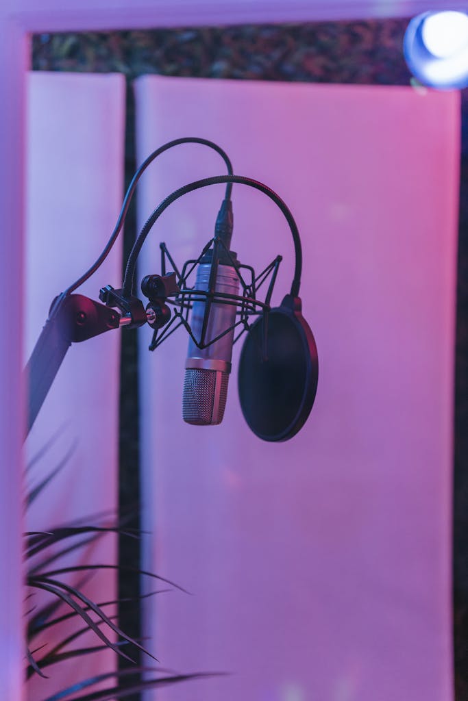 Close-up of a microphone setup in a moody recording studio environment.